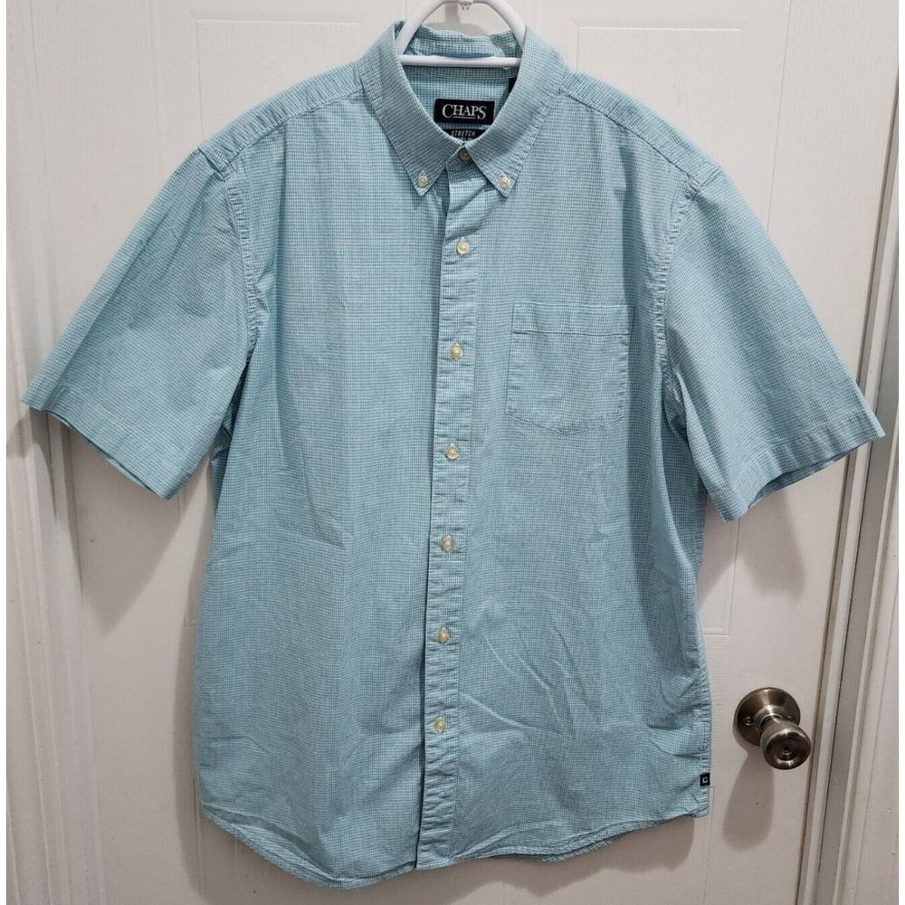 CHAPS Blue Plaid Stretch Poplin Short Sleeve Button‎ Down Shirt Size Medium